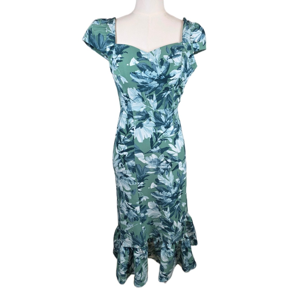 Chelsea28‎ XXS Green Floral Mermaid Midi Dress w/Side Zip